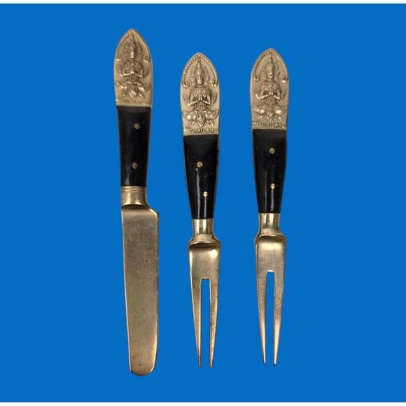 Vintage Cocktail Fork & Mini Spreader Buddha Bronze Brass Rosewood Siam Thailand - Picture 1 of 9